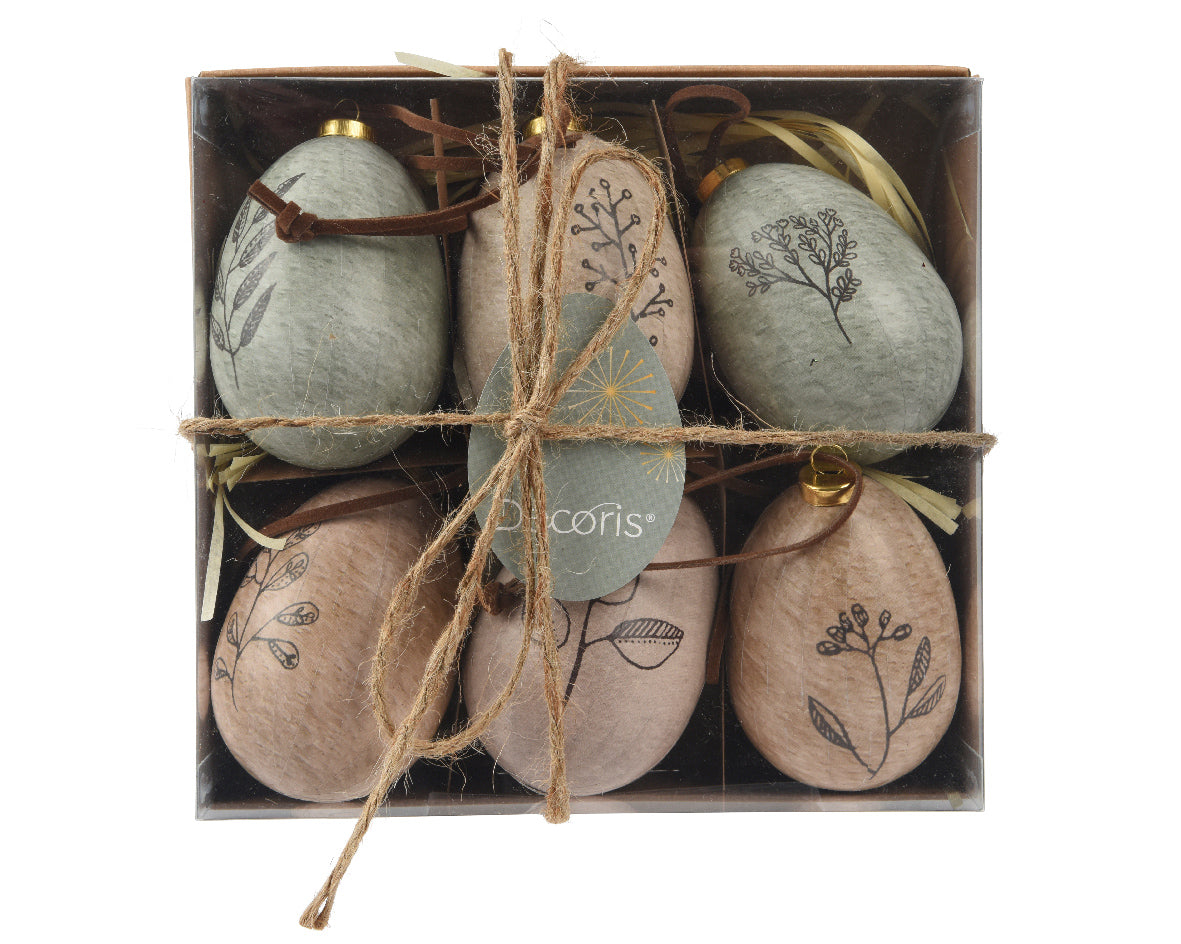 Assortiment foam eieren, pastelgrijs met getekende bladeren en takjes, in geschenkdoos
