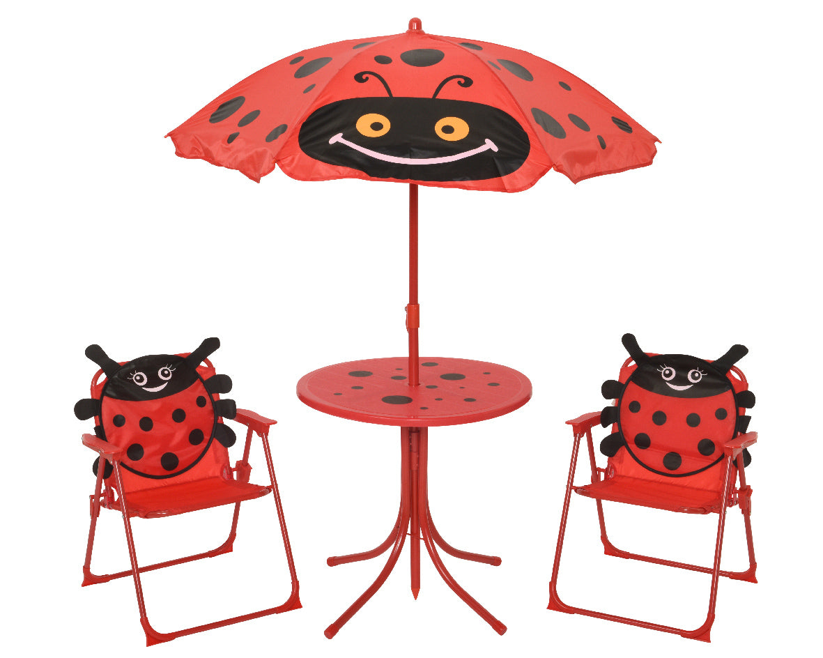 Rood-zwarte lieveheersbeestje tuinset: parasol, rond tafeltje en twee kinderstoeltjes