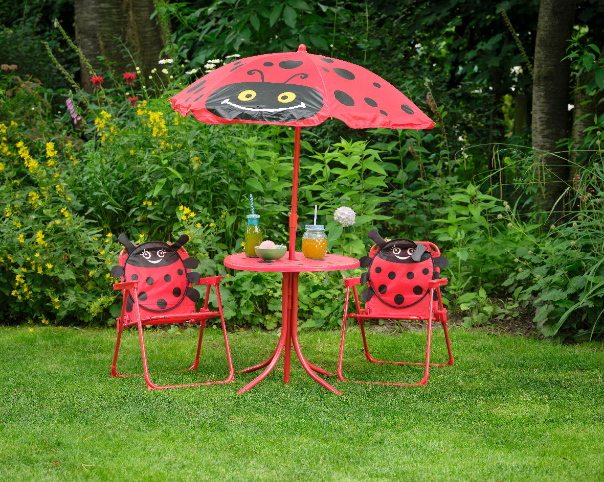 Rood-zwarte lieveheersbeestje tuinset met parasol, rond tafeltje en twee stoelen