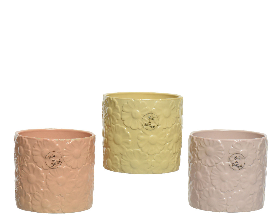 Assortiment keramieken plantenpotten, cilindervormig, met reliëf in pastelkleuren (3 stuks)