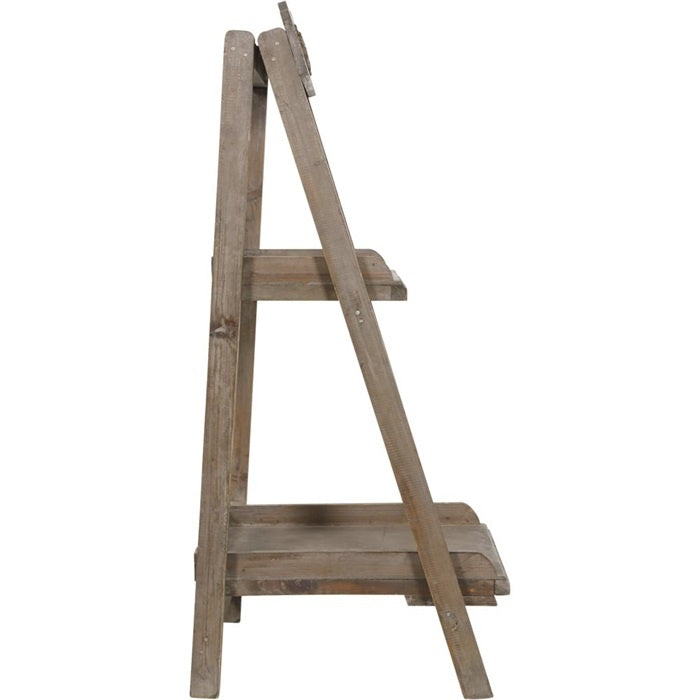 Bruine houten etagère met twee legplanken en diagonaal ladderframe