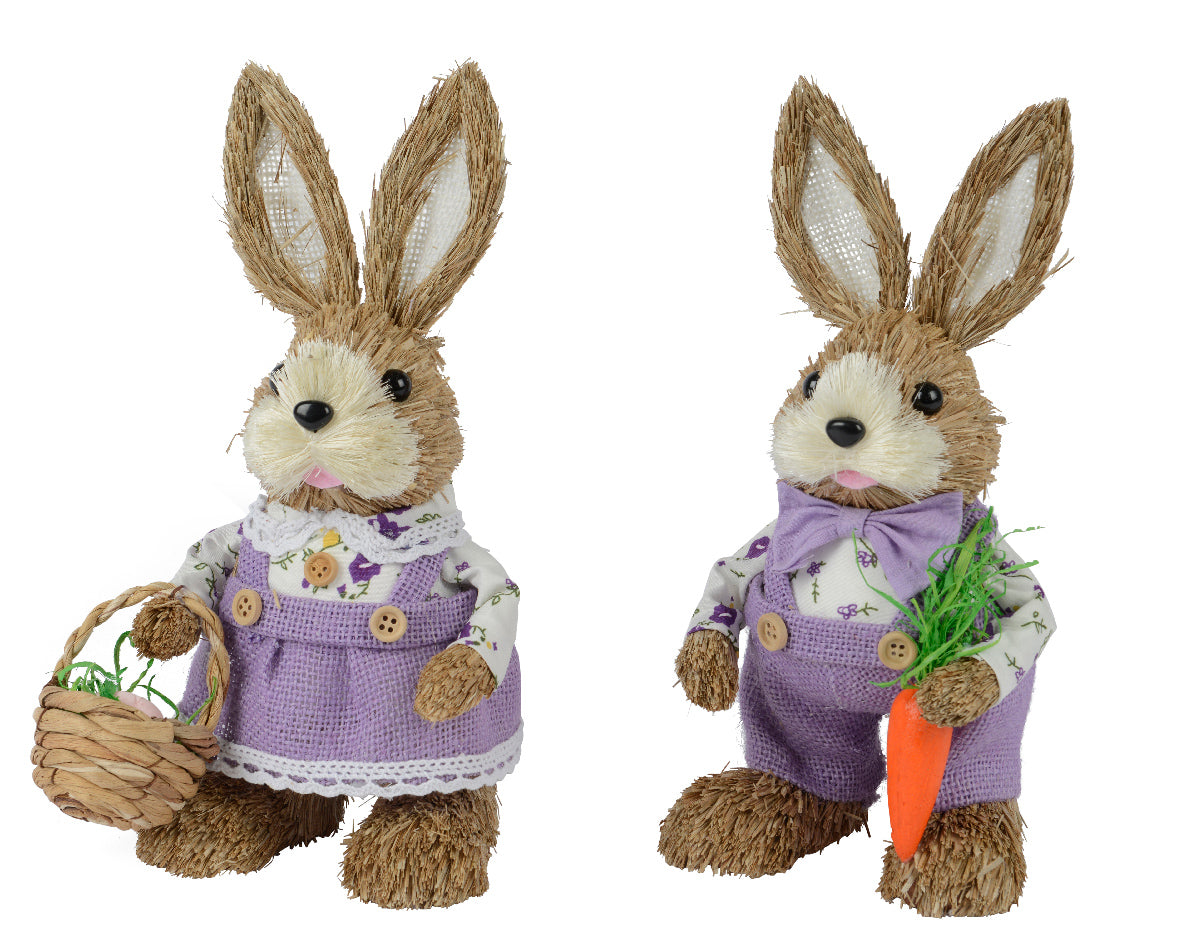 Assorti knuffelkonijnen met paars jurkje en mandje; één draagt groen en oranje decor.