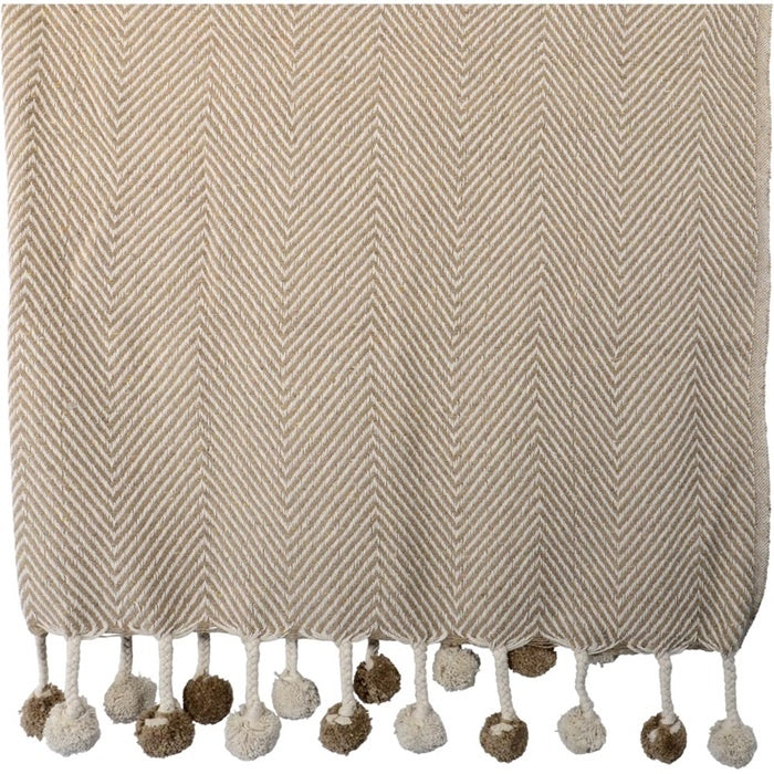 Bruin plaid met visgraatpatroon en pomponfranjes, 125x150 cm