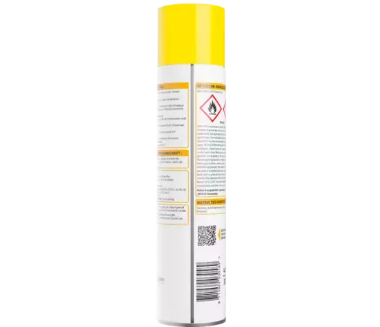 HOME DEFENSE® sprayfles achterzijde met gebruiksinformatie en waarschuwingspictogram