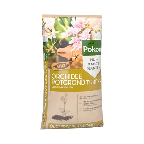 Pokon orchidee potgrond turfvrij bio, voorzijde met bloemen en logo