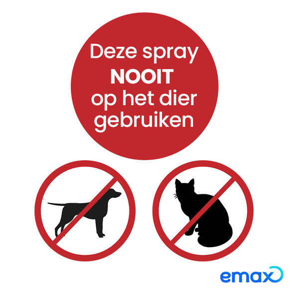 Omgevingsspray-etiket met verbod: gebruik nooit op het dier