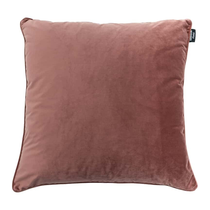 Roze sierkussen met vierkante vorm, gladde velvetachtige stof, zichtbare bies