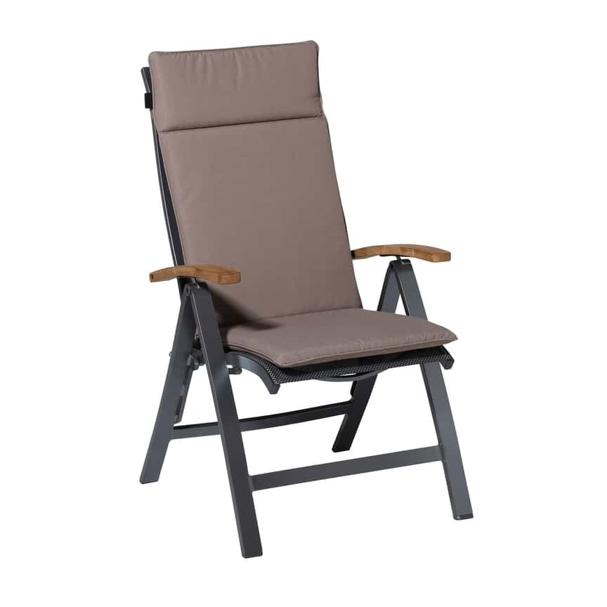 Taupekleurig hoog kussen met rugdeel voor tuinstoel.
