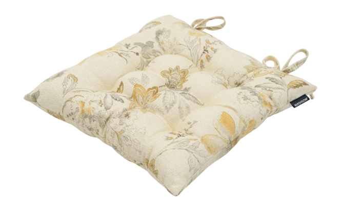 Zitkussen 46x46 cm met gele bloemenprint, beige stof en strikbandjes