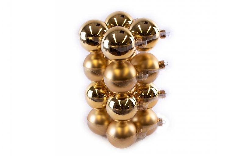 Set gouden glazen kerstballen met glanzende afwerking en metalen ophanglussen