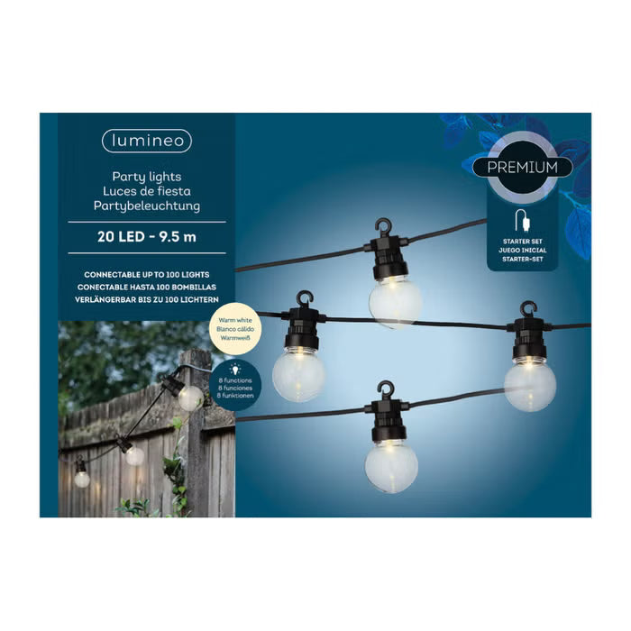 LED partylights op verpakking met zwart snoer en warmwitte lampjes