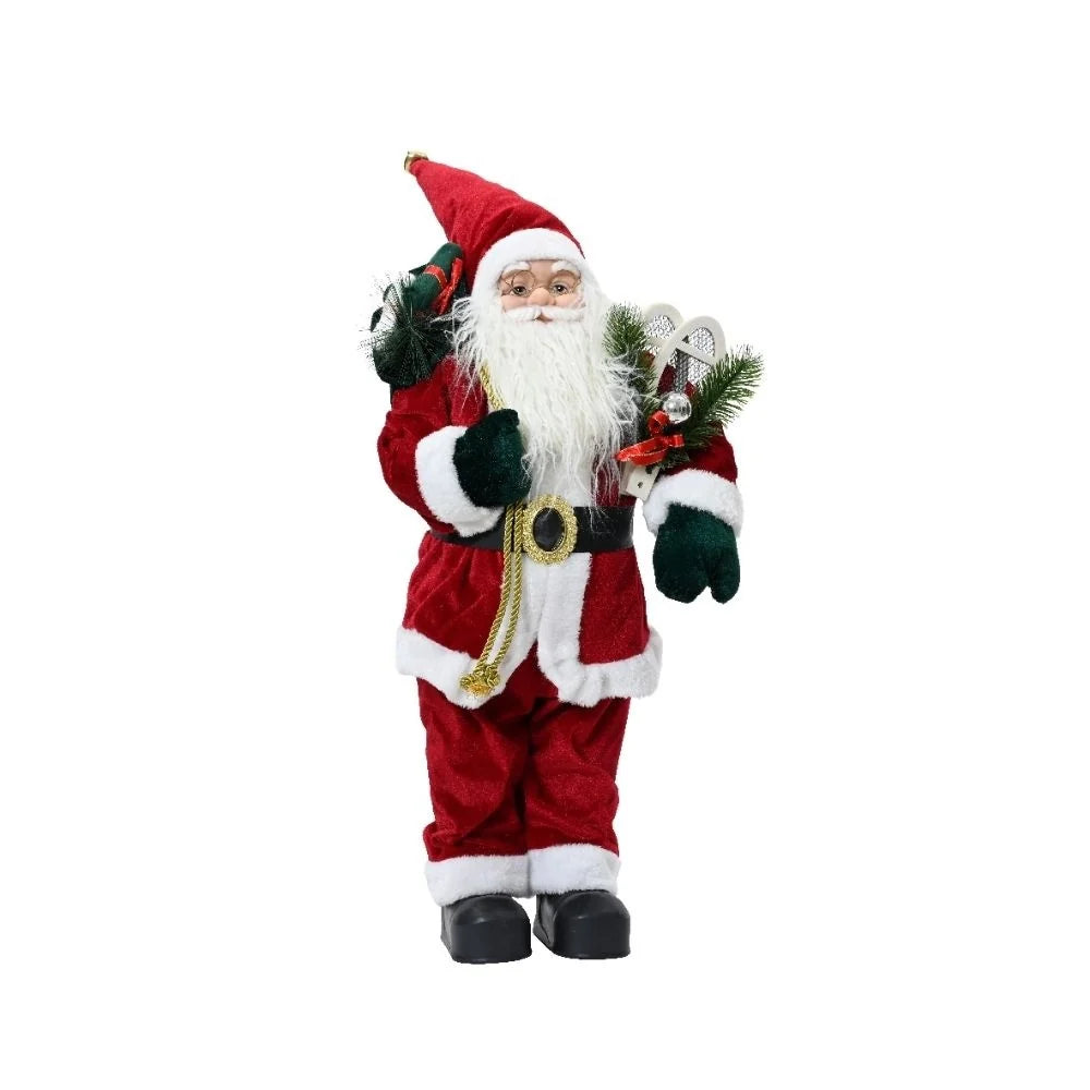 Kerstmanpop van 45 cm met rode en witte jas, baard en groene handschoenen.