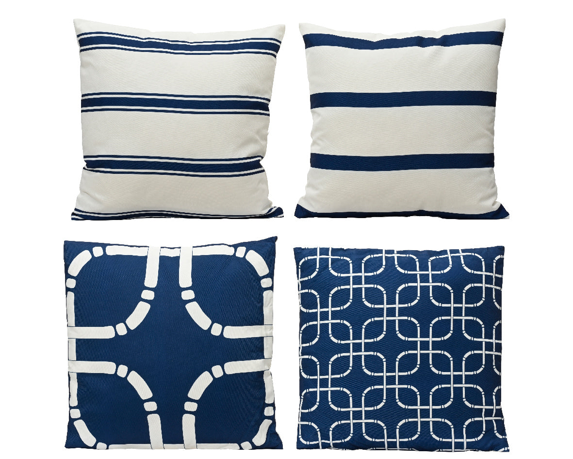 Buitenkussen van gerecycled polyester, gestreept en geometrisch blauw-wit