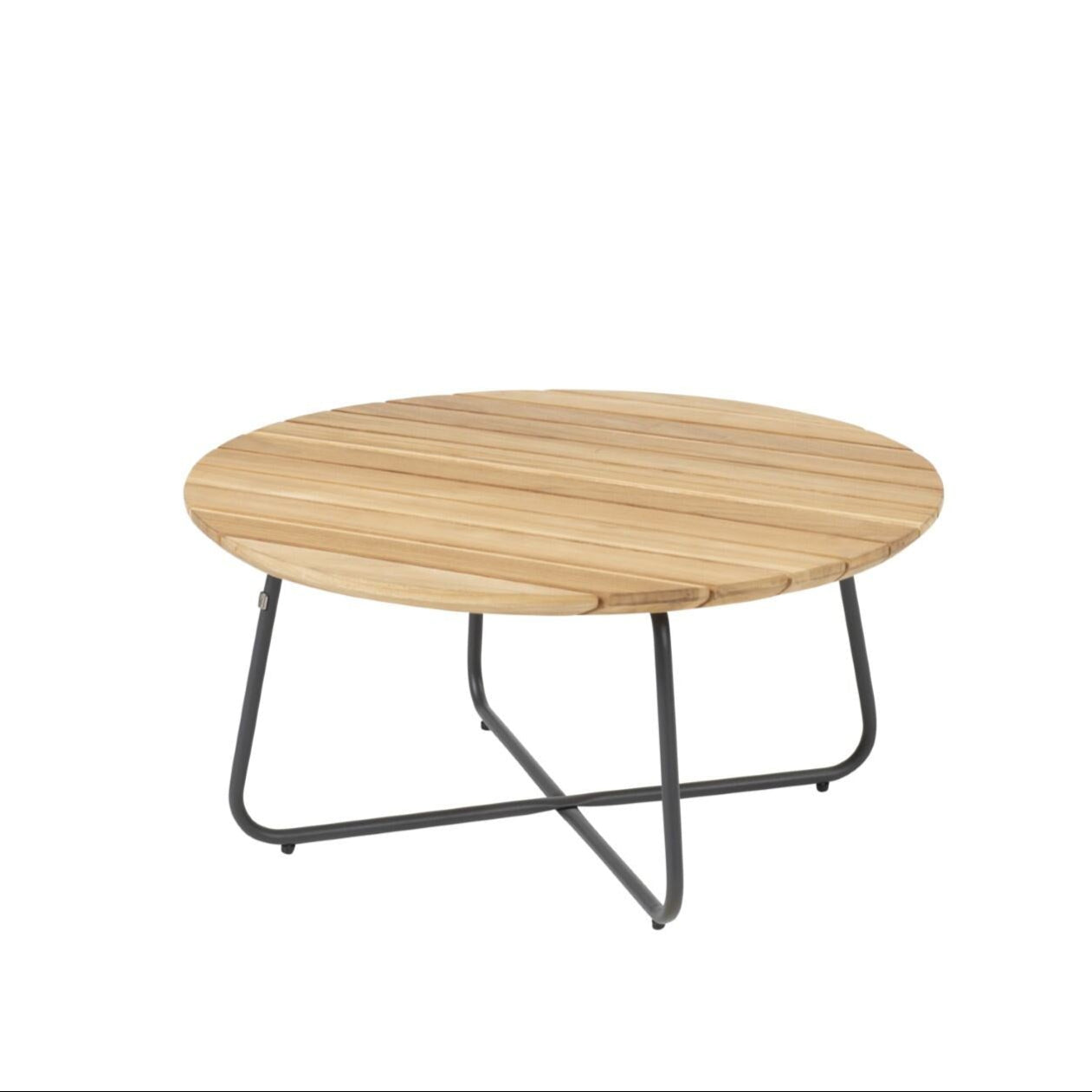 Teakhouten salontafel met ronde blad en zwart metalen onderstel, Ø73 cm