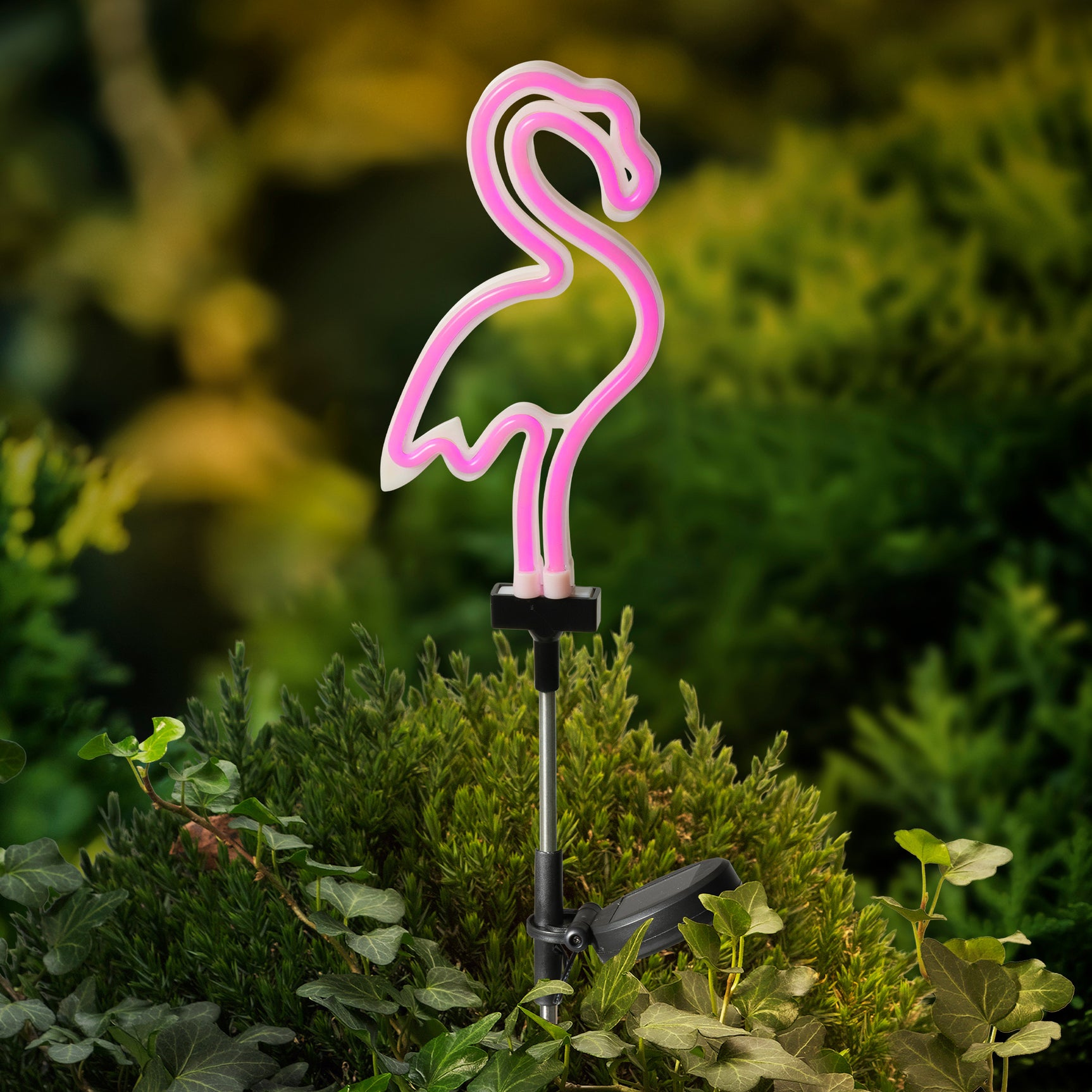 Flamingo-zonne-plantlamp met roze neon in de grond en zwarte beugel