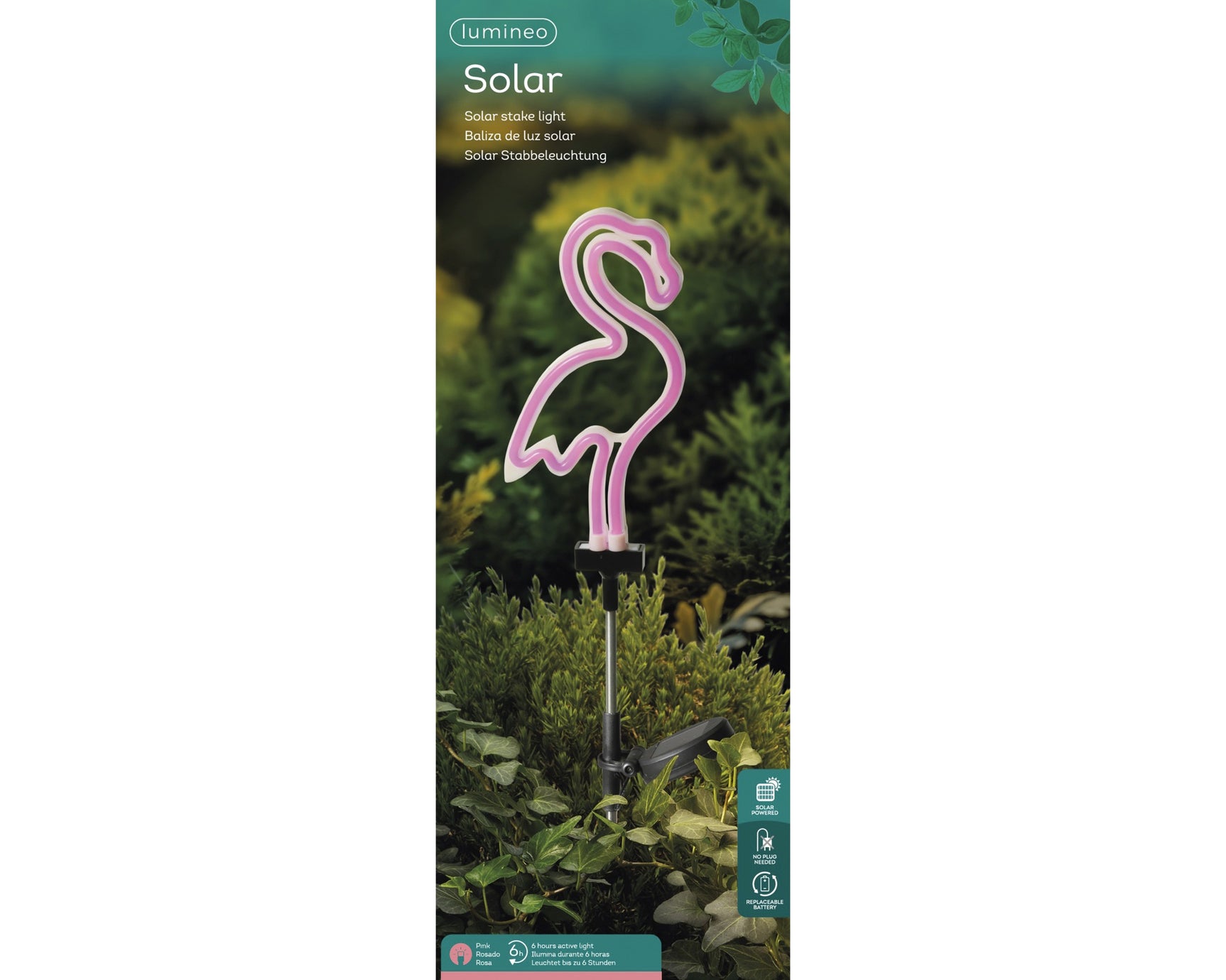Flamingo-zonne-plantlamp in verpakking met roze neon en zwarte spike