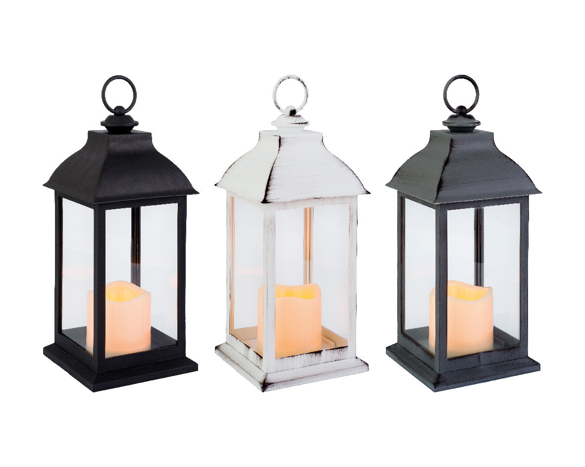 LED-lantaarns met vlam-effect, zwart en wit kunststof, set van 3