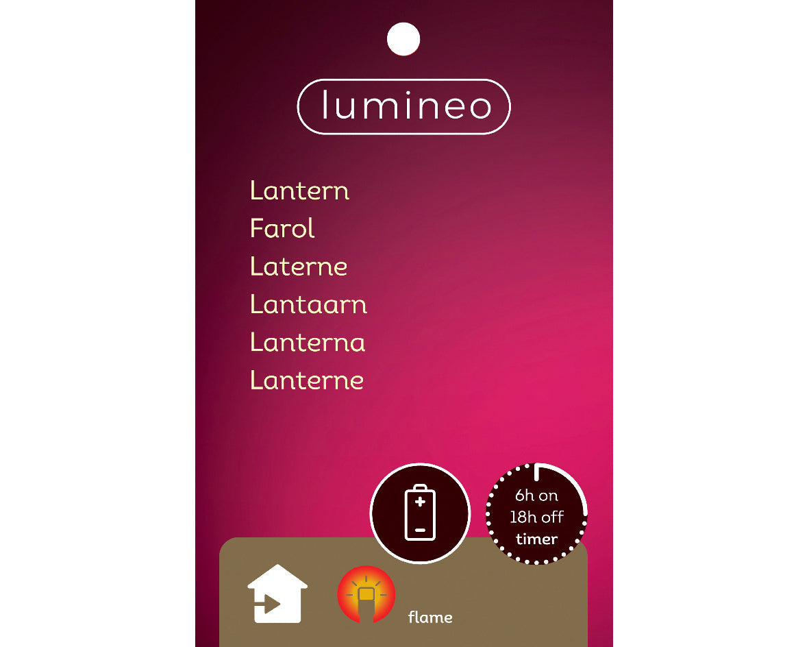 Verpakkingskaart voor LED-lantaarn met vlam-effect en timer; merk lumeneo