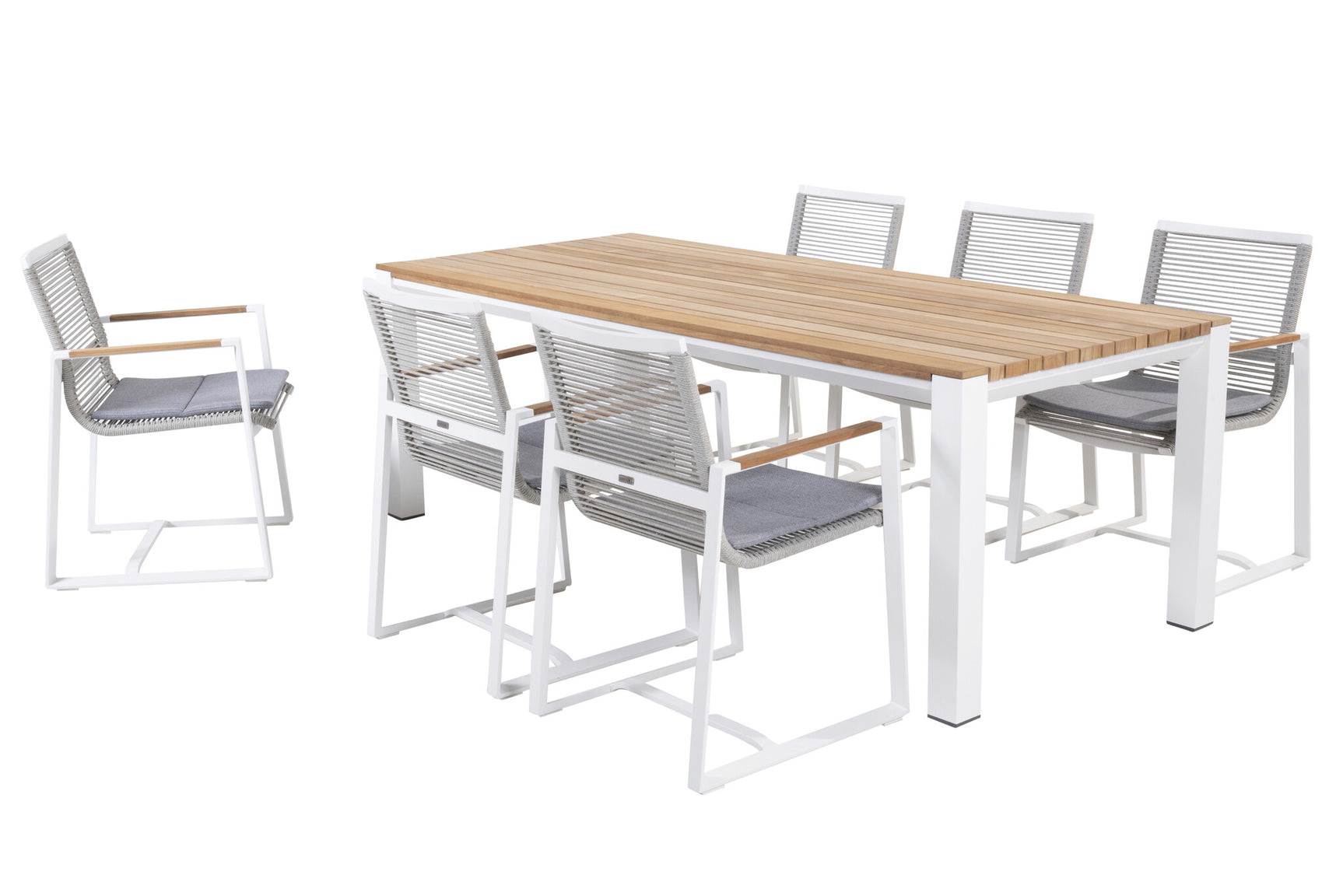 Pandino diningstoel met witte frame en grijs zitkussen, gestreepte rug met houtaccent