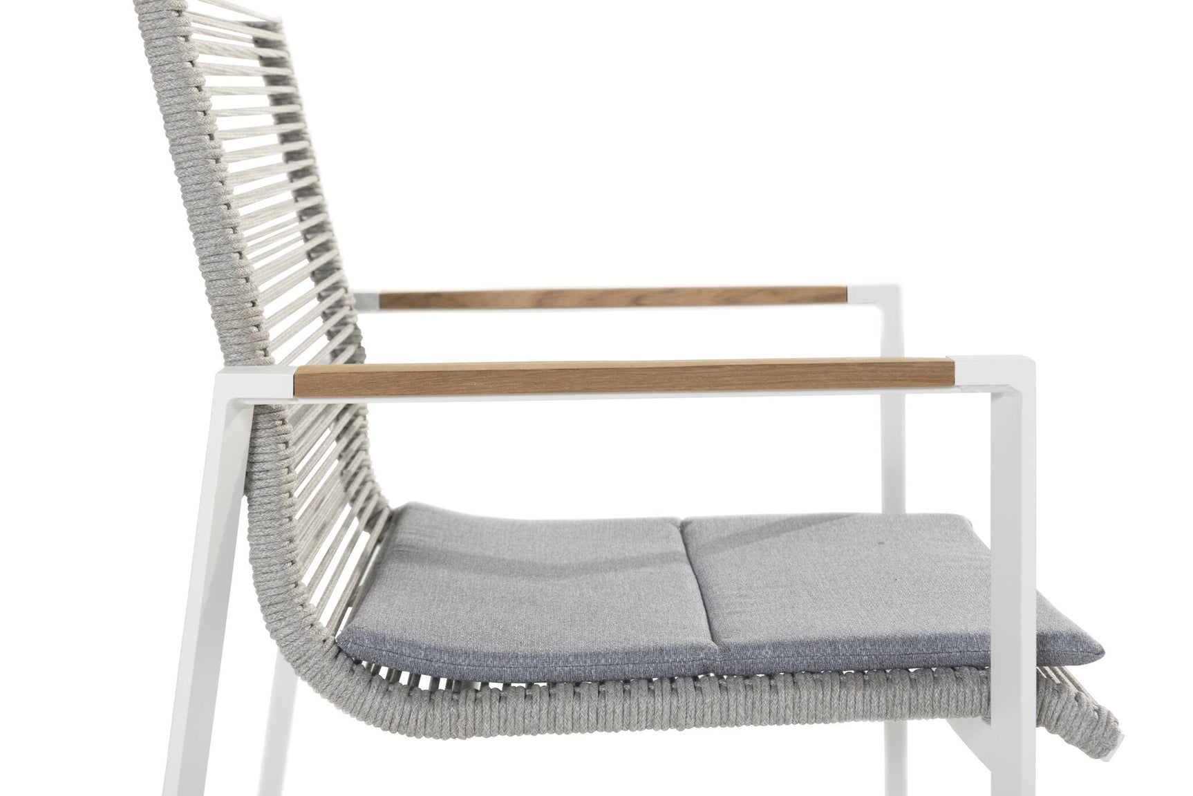 Pandino diningstoel met grijs zitkussen, houten armleuning en witte frame