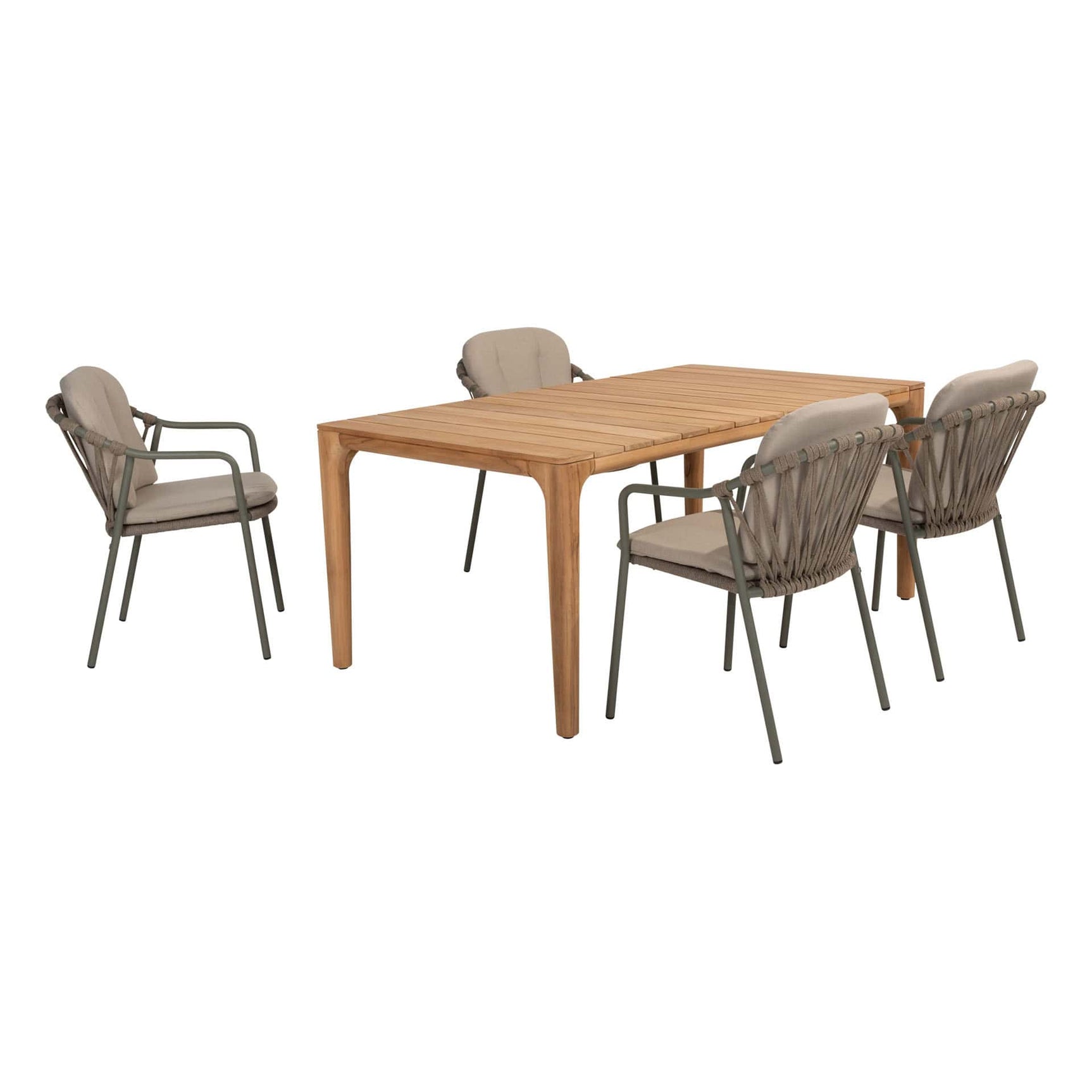 Set van vier olijfgroene stapelbare diningstoelen met beige kussens