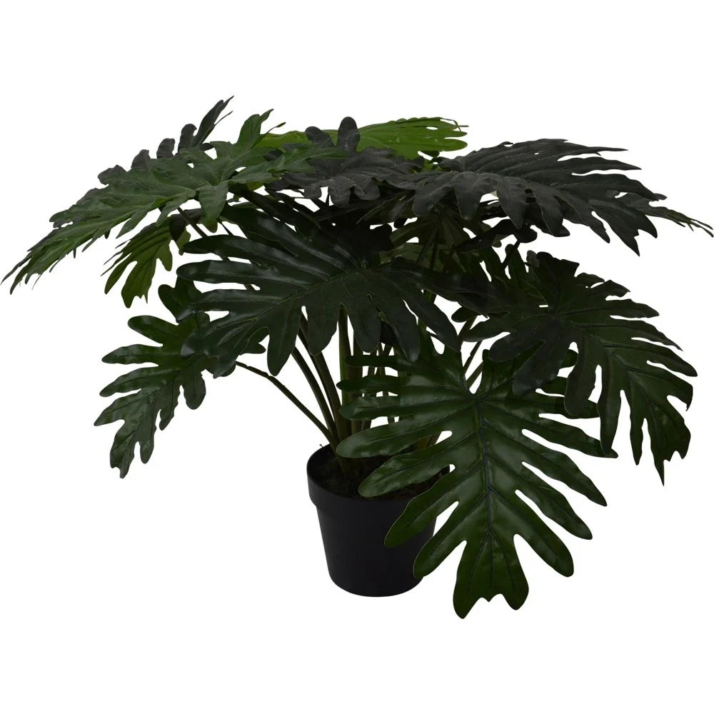 Kunstplant philodendron in zwarte pot met brede, geveerde groene bladeren