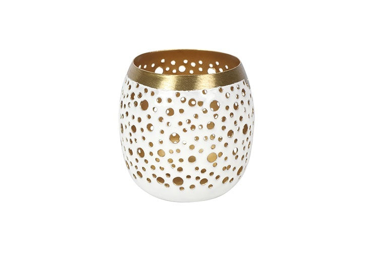 Witte theelichthouder met gouden stippen en goudkleurige rand