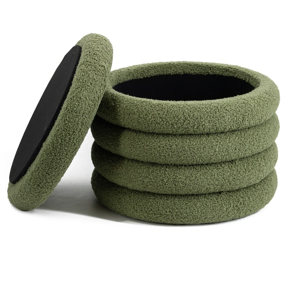 Groene teddy poef met opbergruimte en open deksel, ronde zitting.