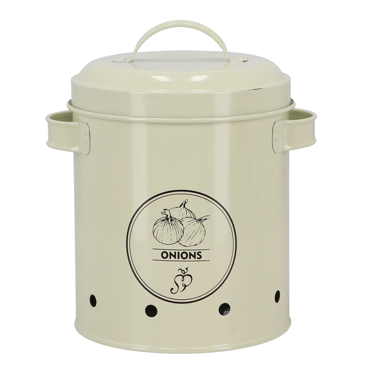 Voorraadblik voor uien crème met opklapdeksel en rond uienembleem op de pot.