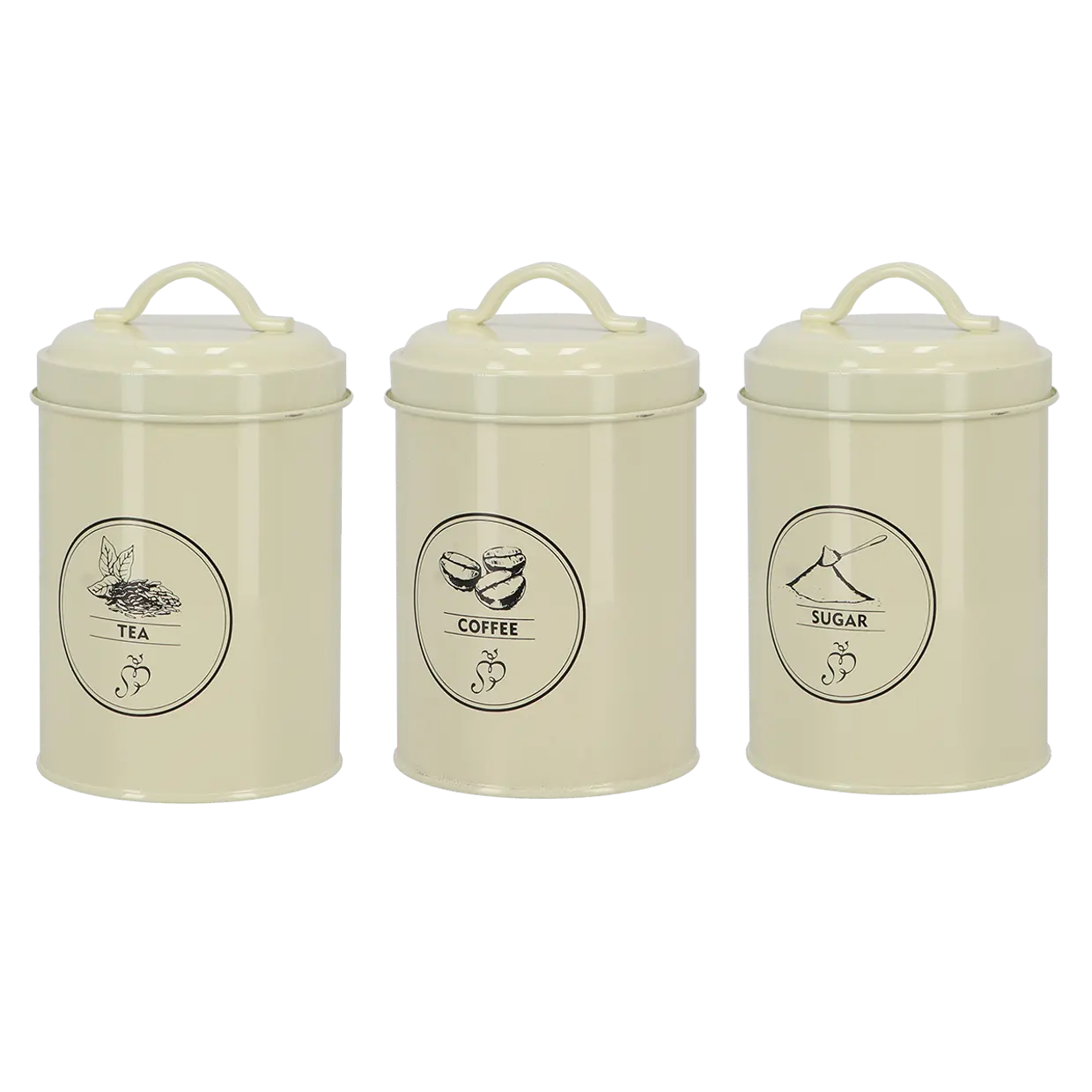 Voorraadblik set van 3 in crème: tea, coffee en sugar met ronde etiketten