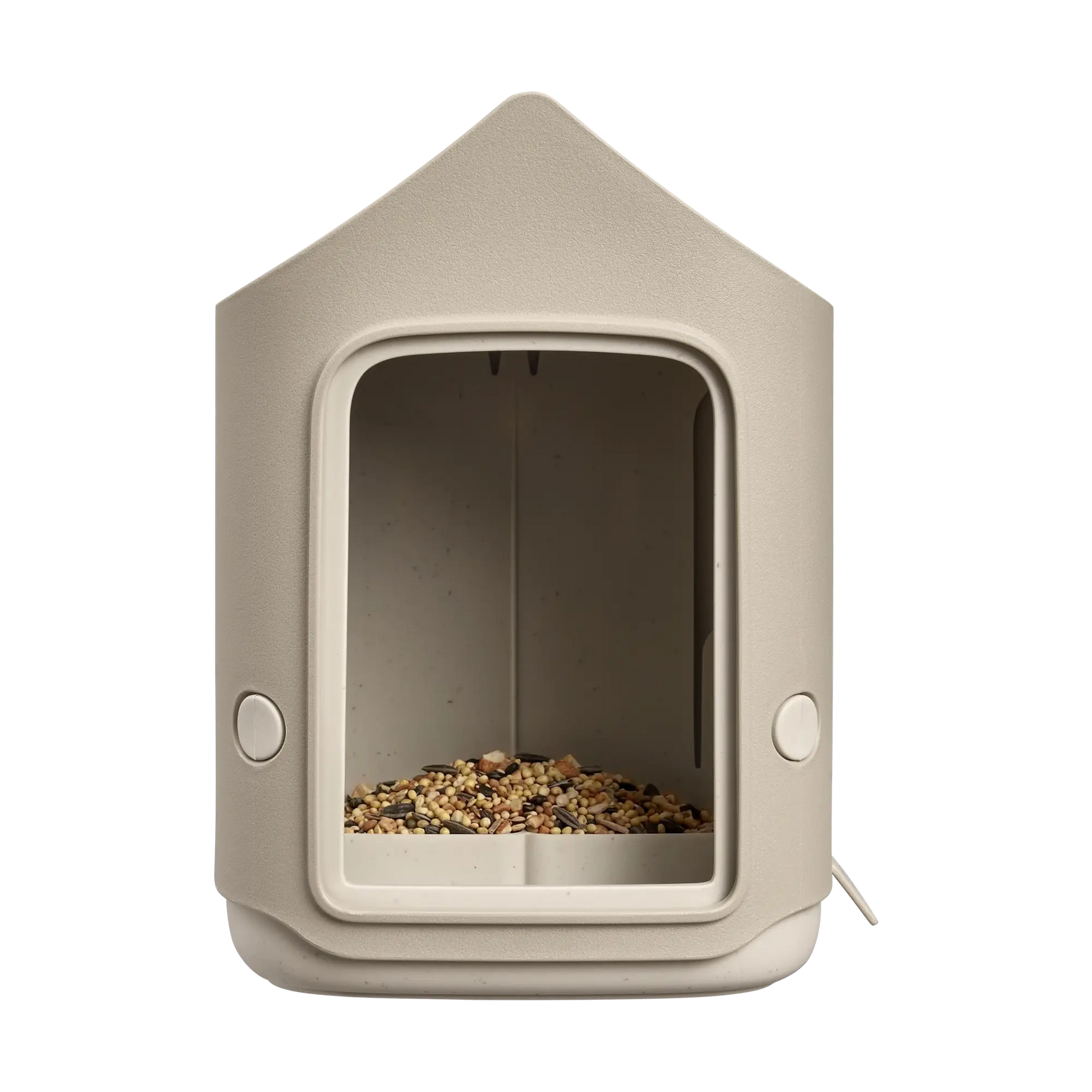 Beige vogelvoerhuisje met rechthoekig venster en kleine opening voor ophangen