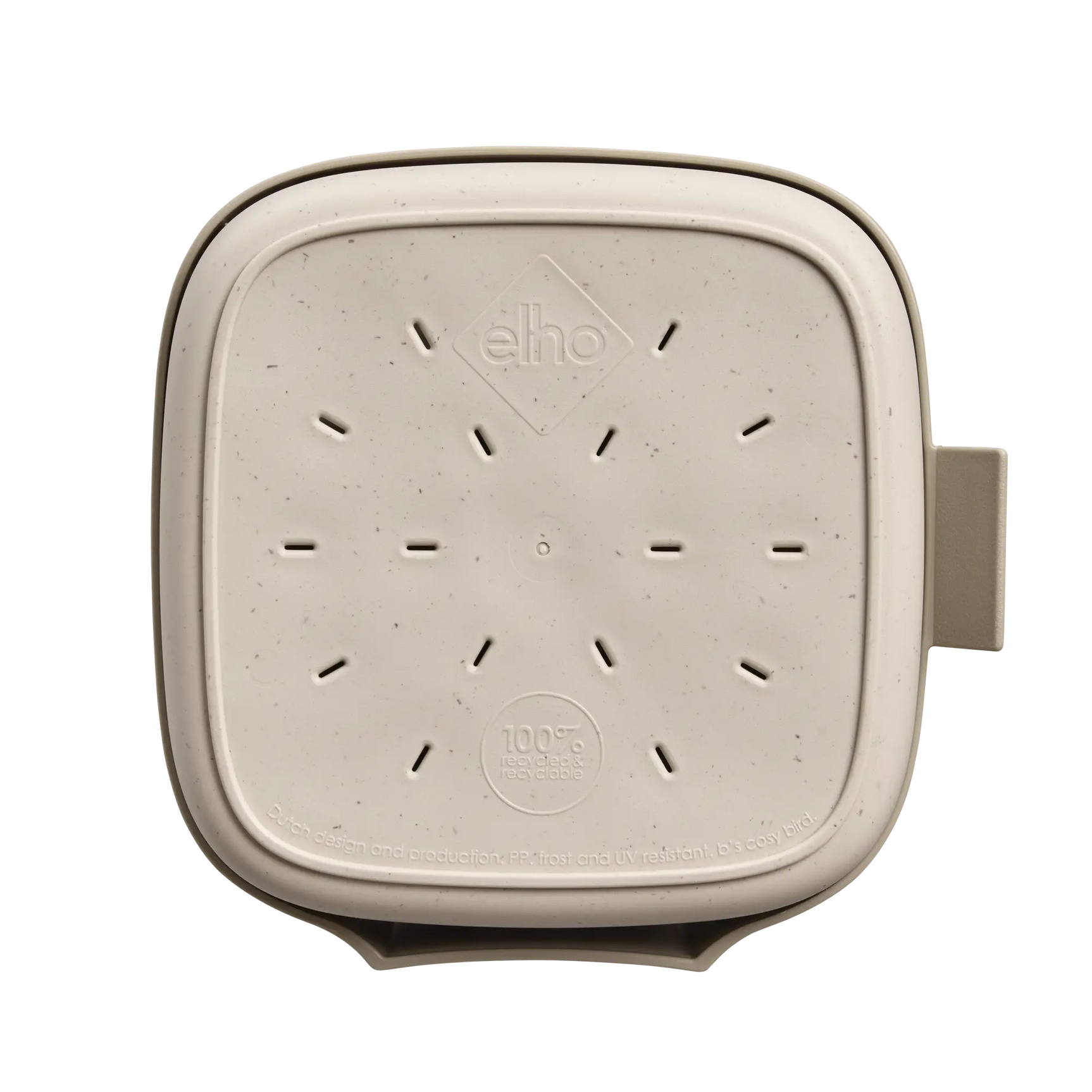Beige onderkant van vogelhuisje met ventilatiegaatjes en reliëfmarkering