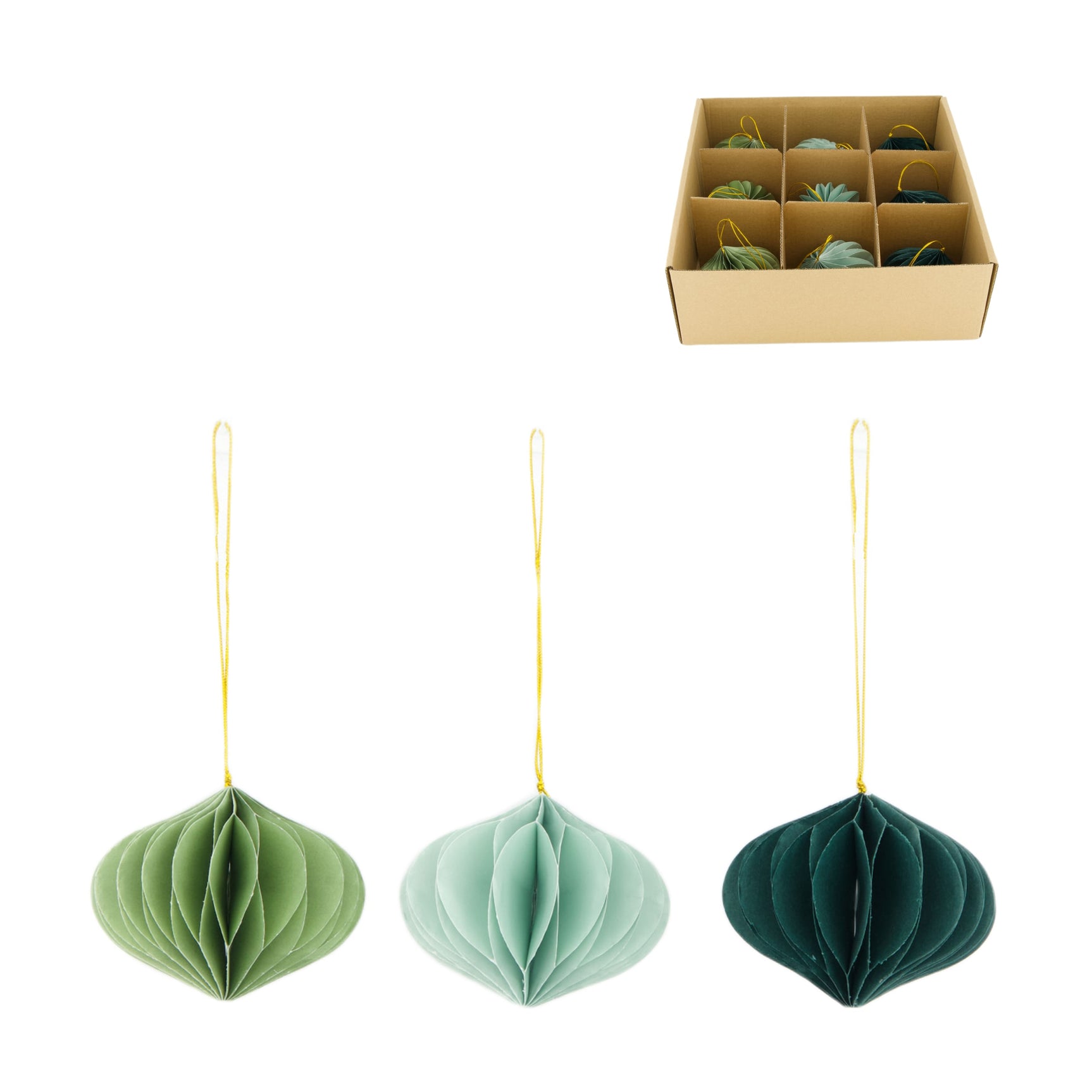 Papieren kerstbal met hangkoord, drie kleuren: groen, lichtblauwgroen en donkergroen