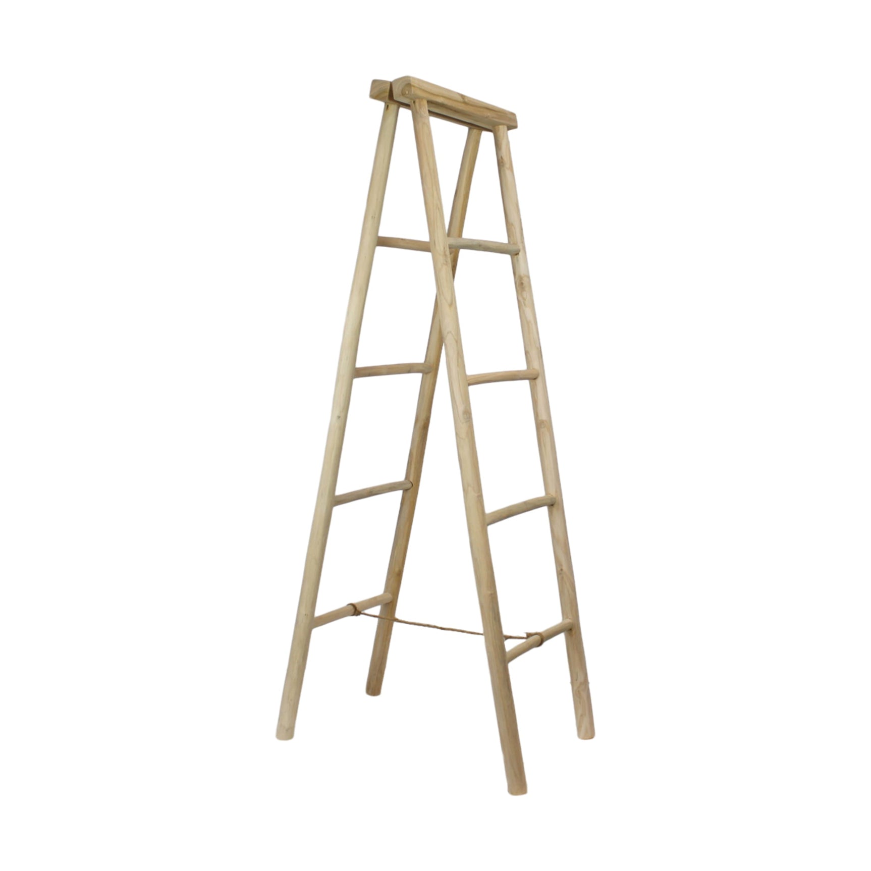 Dubbele teakhouten ladder met A-frame en houten treden, naturel