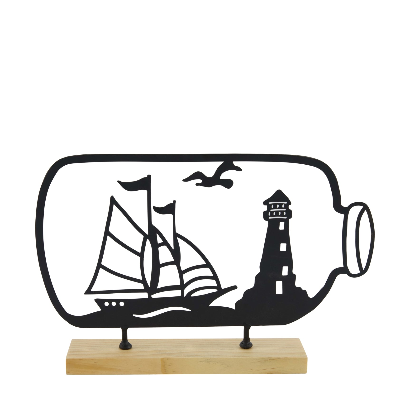 Houten decoratief bord met zeilboot- en vuurtorenmotief op standaard