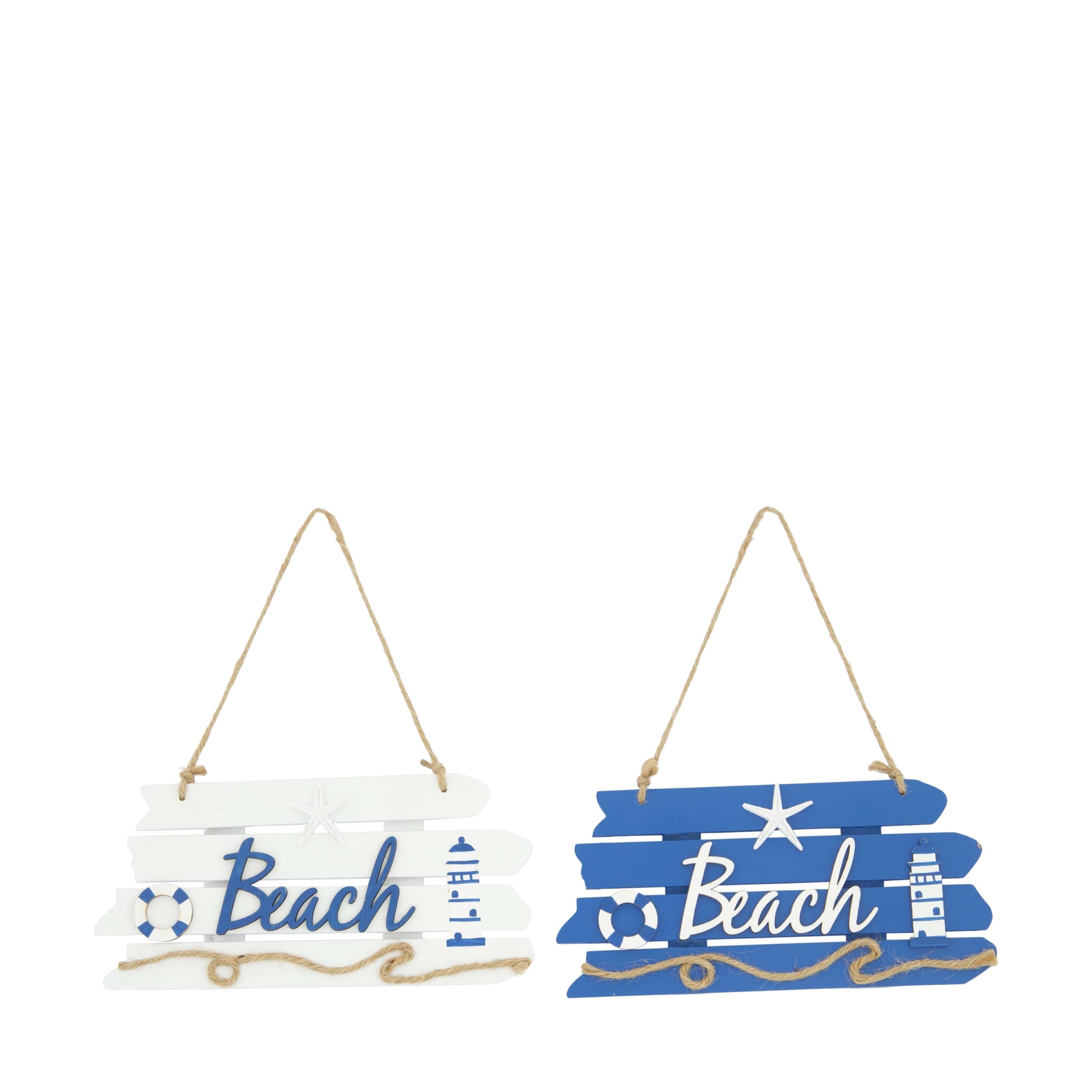 Set strandbordjes van MDF met ophangkoord, wit en blauw