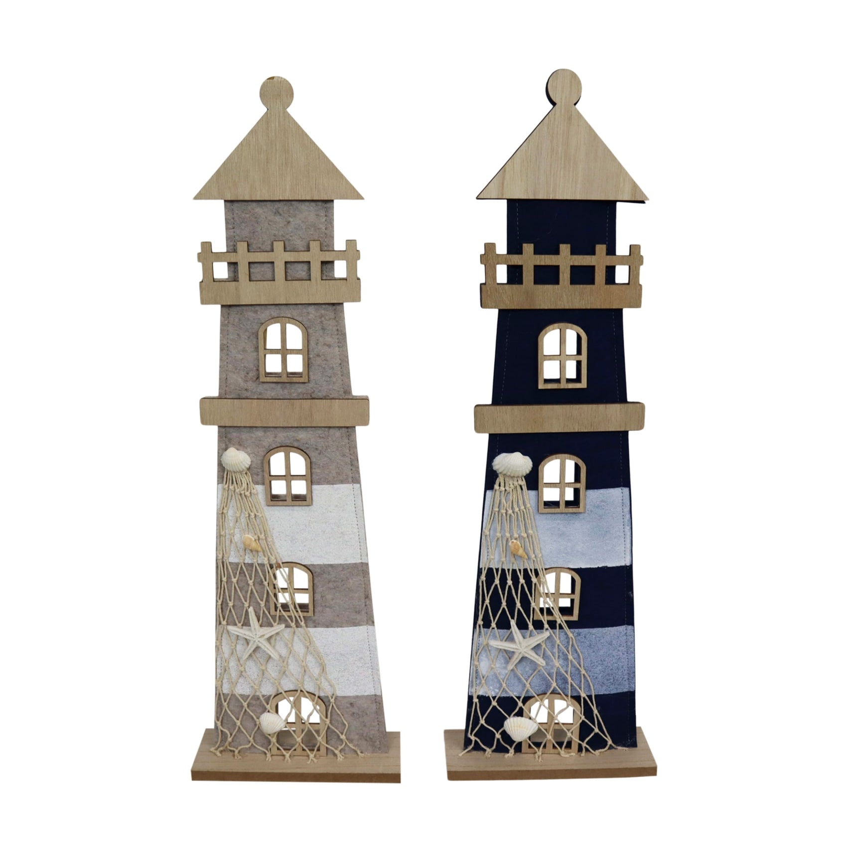 Vuurtorenbeeldje van vilt en MDF, met houten dak en open hekwerk, grijs/blauw