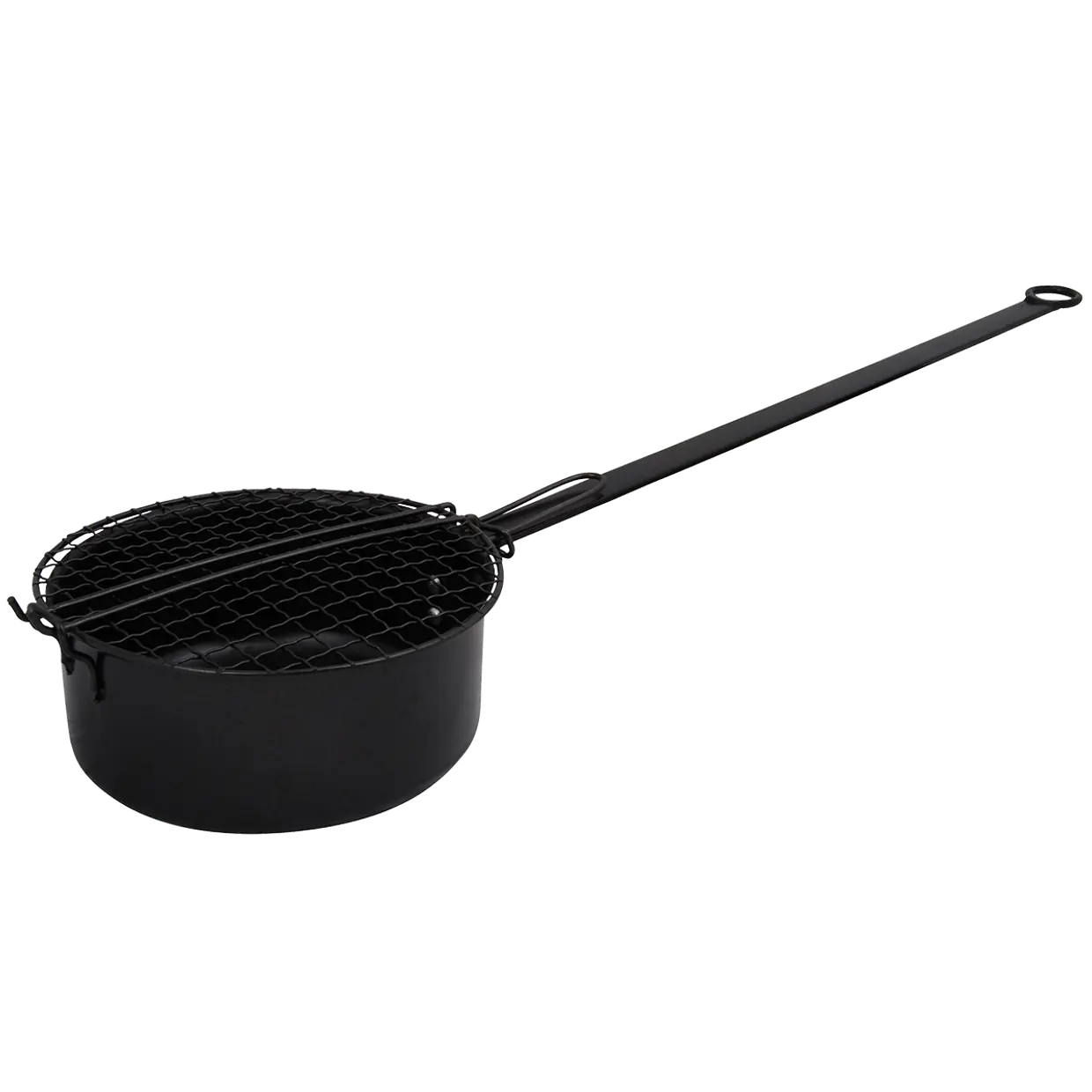 Popcornpan met zwart metalen gaasmandje en lange steel