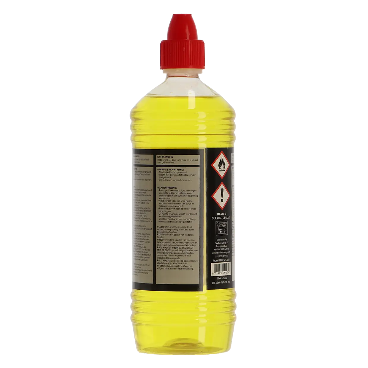Fancy Flames vuurgel aanmaakvloeistof 1 liter, gele fles met rode dop en waarschuwingspictogram.