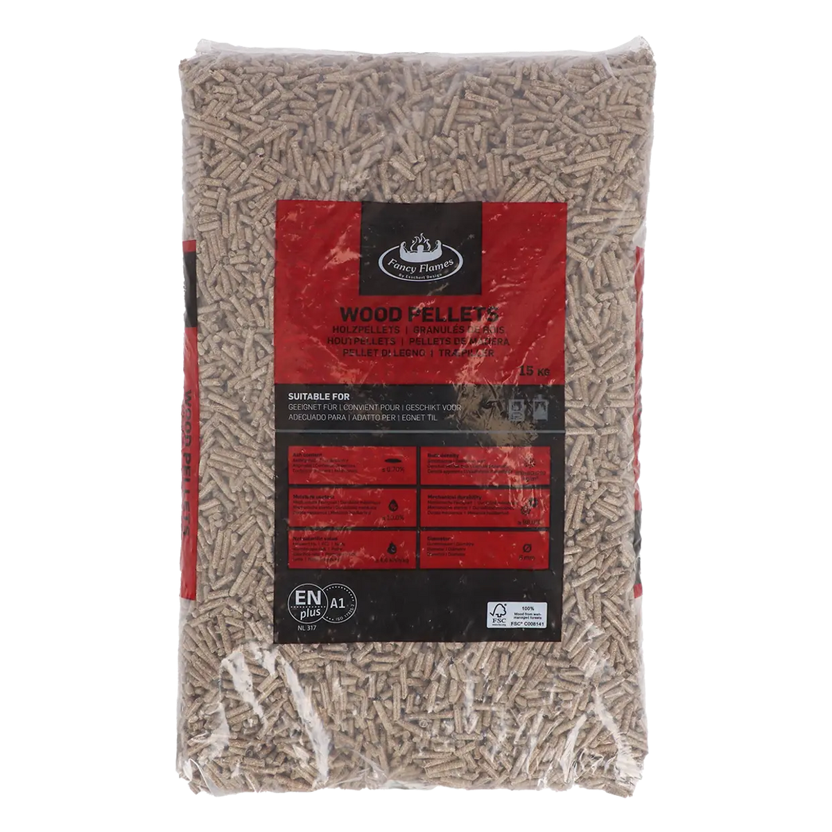 Houtpellets eikenhout zak van Fancy Flames, 15 kg met rode productlabel