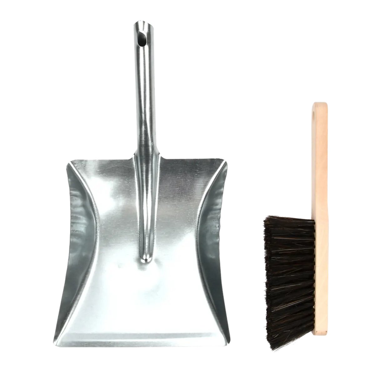 Set: metalen stofblik met steel en losse houten veger met zwarte borstelharen.