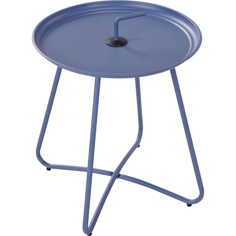 Blauwe ronde bijzettafel met metalen frame en driepoten, rond blad met centrale knop