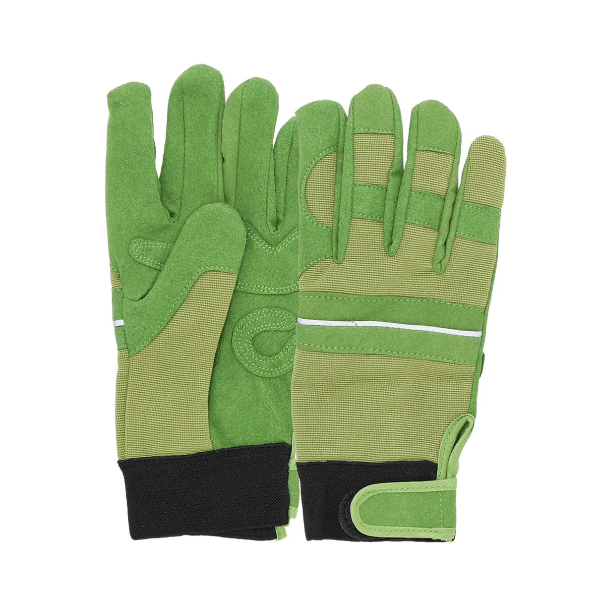Groene gevoerde tuinhandschoenen, voor- en achterzijde met versterkte handpalmen.