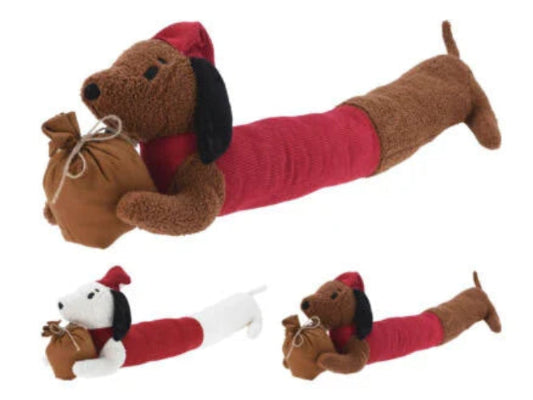 Assortiment kerst tochtstoppers in de vorm van honden, pluche met rode en bruine details