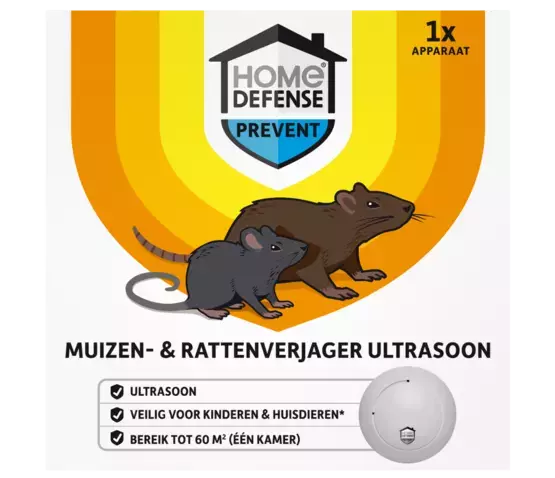 Ultrasone muizen- en rattenverjager van HOME DEFENSE® in verpakking