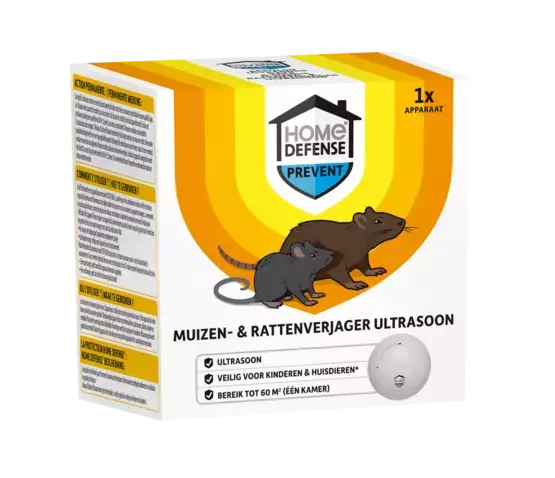 Ultrasone muizen- en rattenverjager verpakking met HOME DEFENSE® logo