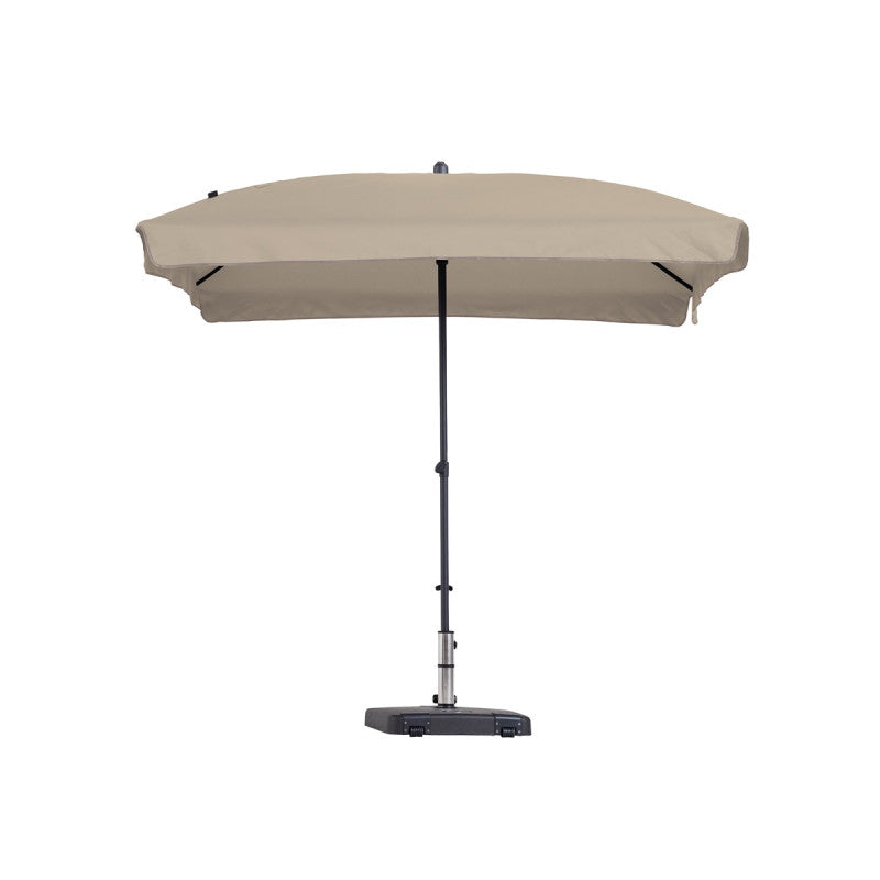 Parasol met beige ecru doek en centrale paal, open overhang met ronde rand.