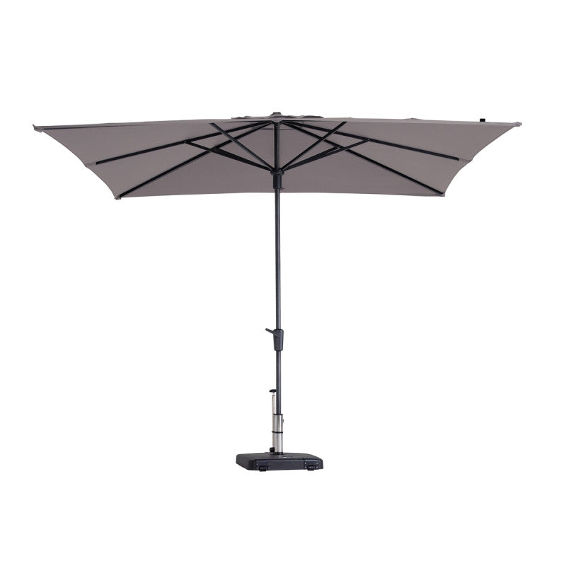 Vierkante staande parasol met taupe doek en open constructie, 280x280 cm.