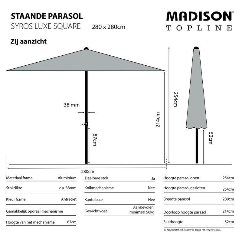 Staande parasol zijaanzicht met grijze doek en centrale paal, open vouwmechanisme.