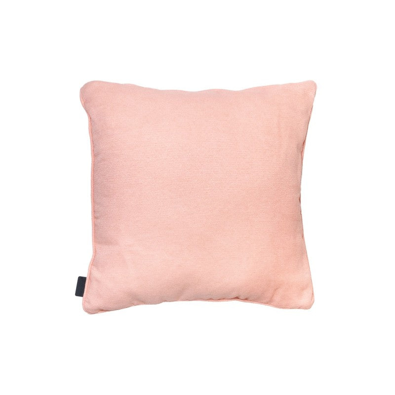Outdoor sierkussen 50x50 cm, licht zalm met paspelrand en zwart label